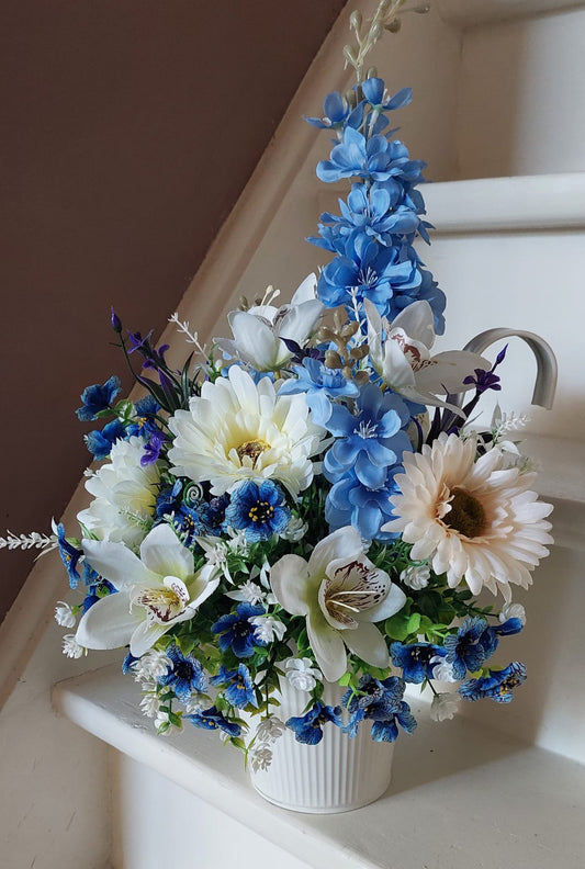 A bucket full of blue flowers