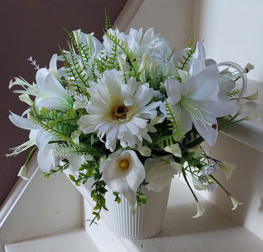 A bucket full of white flowers