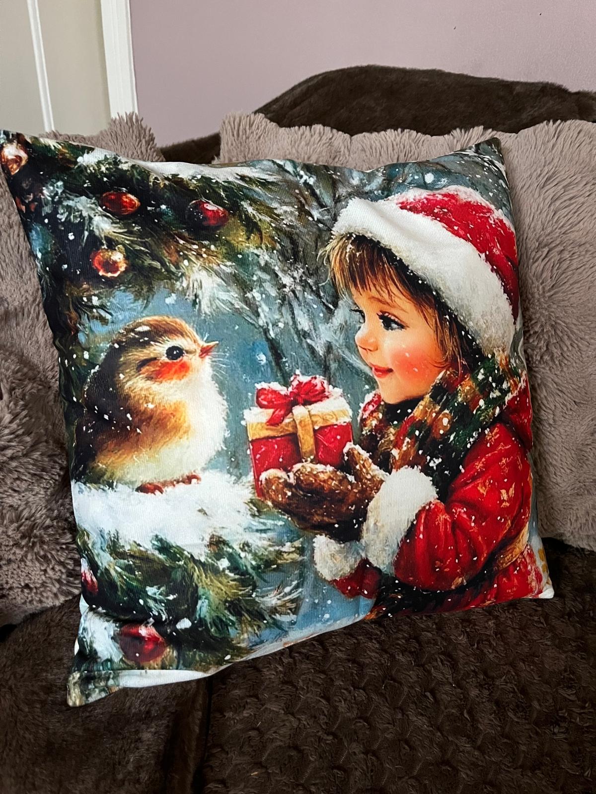 Kerst kussen Girl with robin